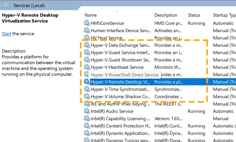 Hyper-V services in Windows 11 services program