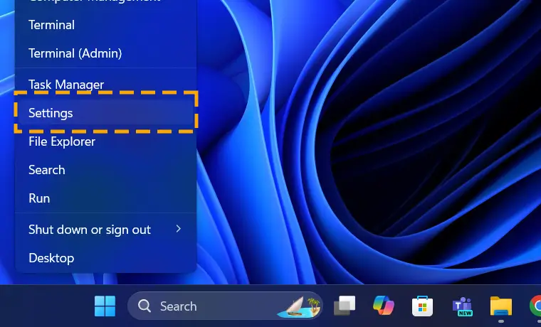 Opening Settings on Windows 11