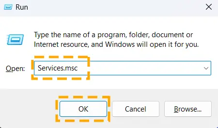 Run dialog box with services.msc command