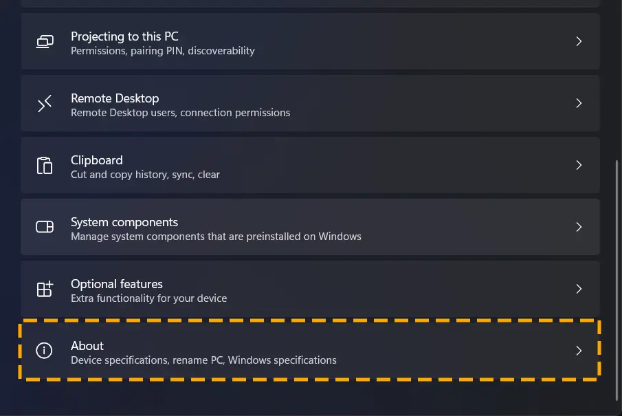 Windows 11 Settings Showing About Section Highlighted
