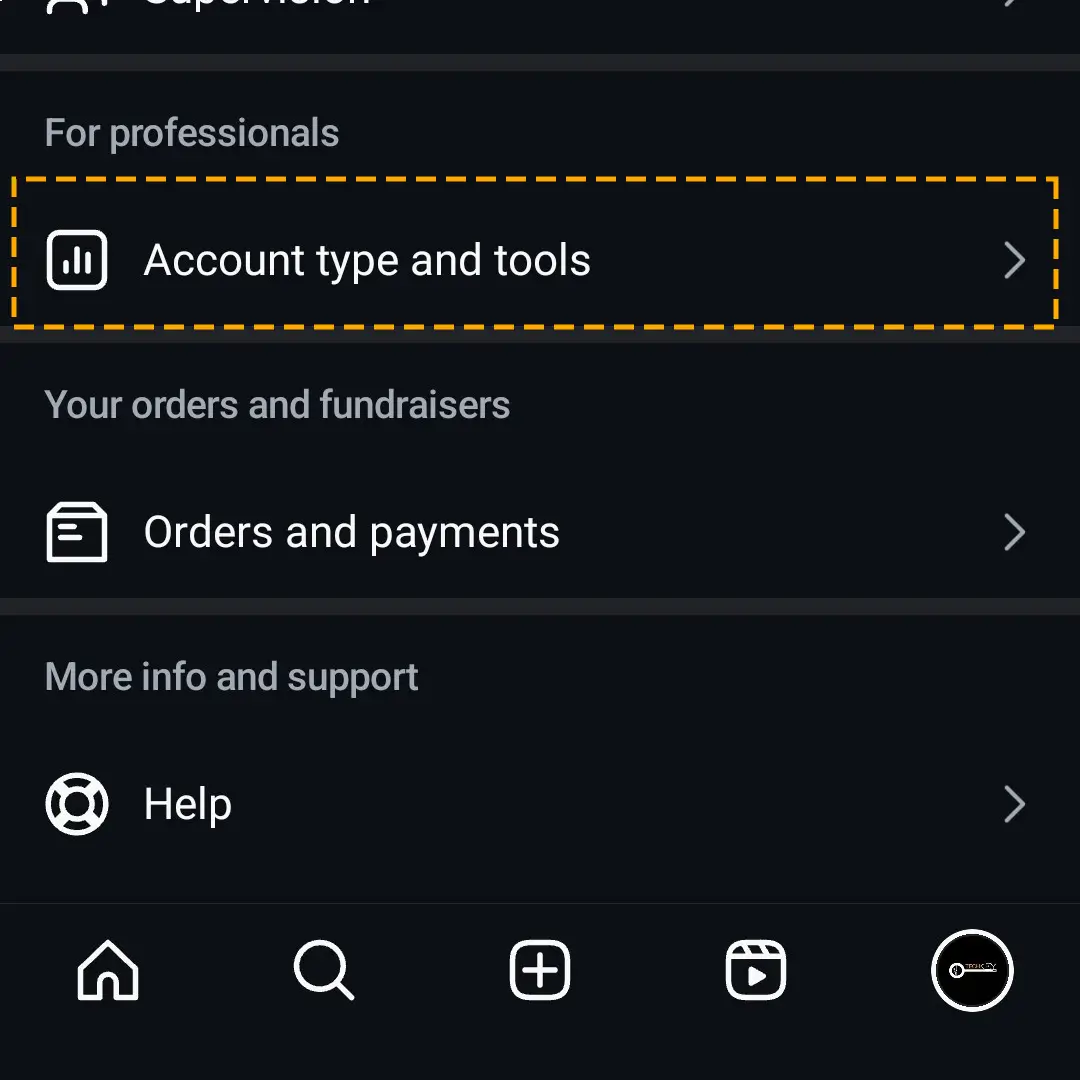 account type and tools in instagram settings