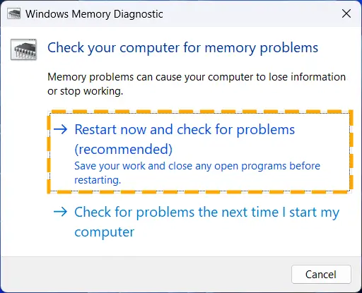 choose restart option in windows memory diagnostic