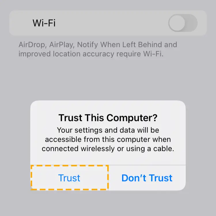 Choose trust on the dialog box to connect to pc