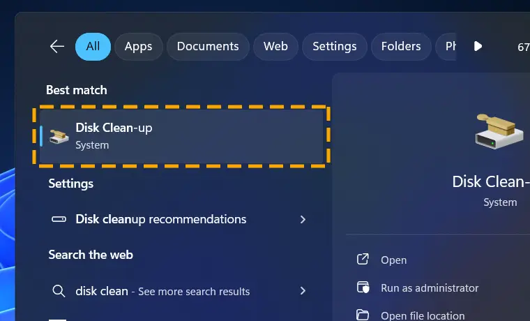 disk clean-up in start menu