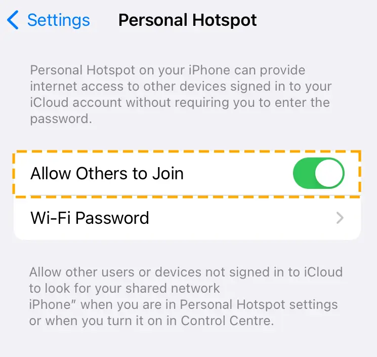 Enable allow others to join settings in personal hotspot