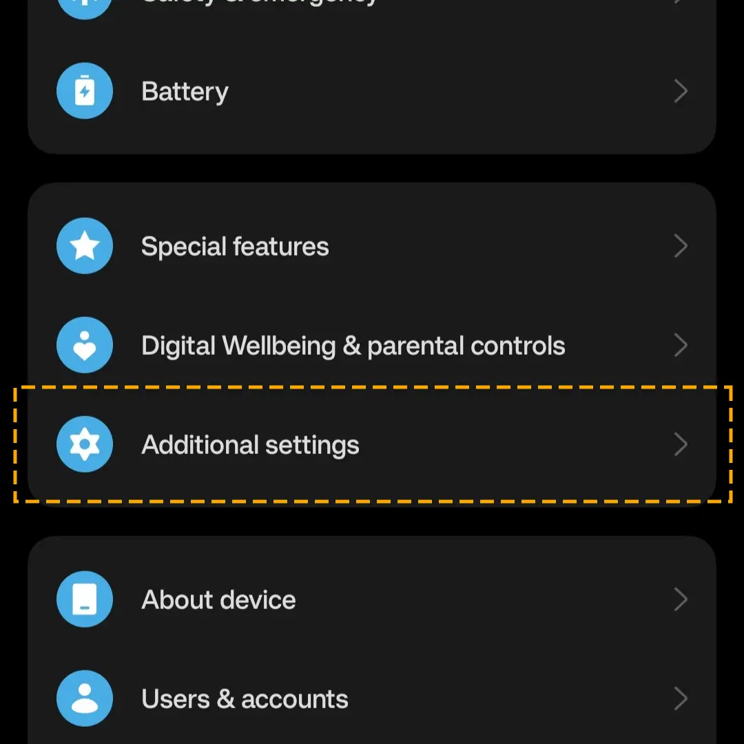 go to additional settings in the system settings app