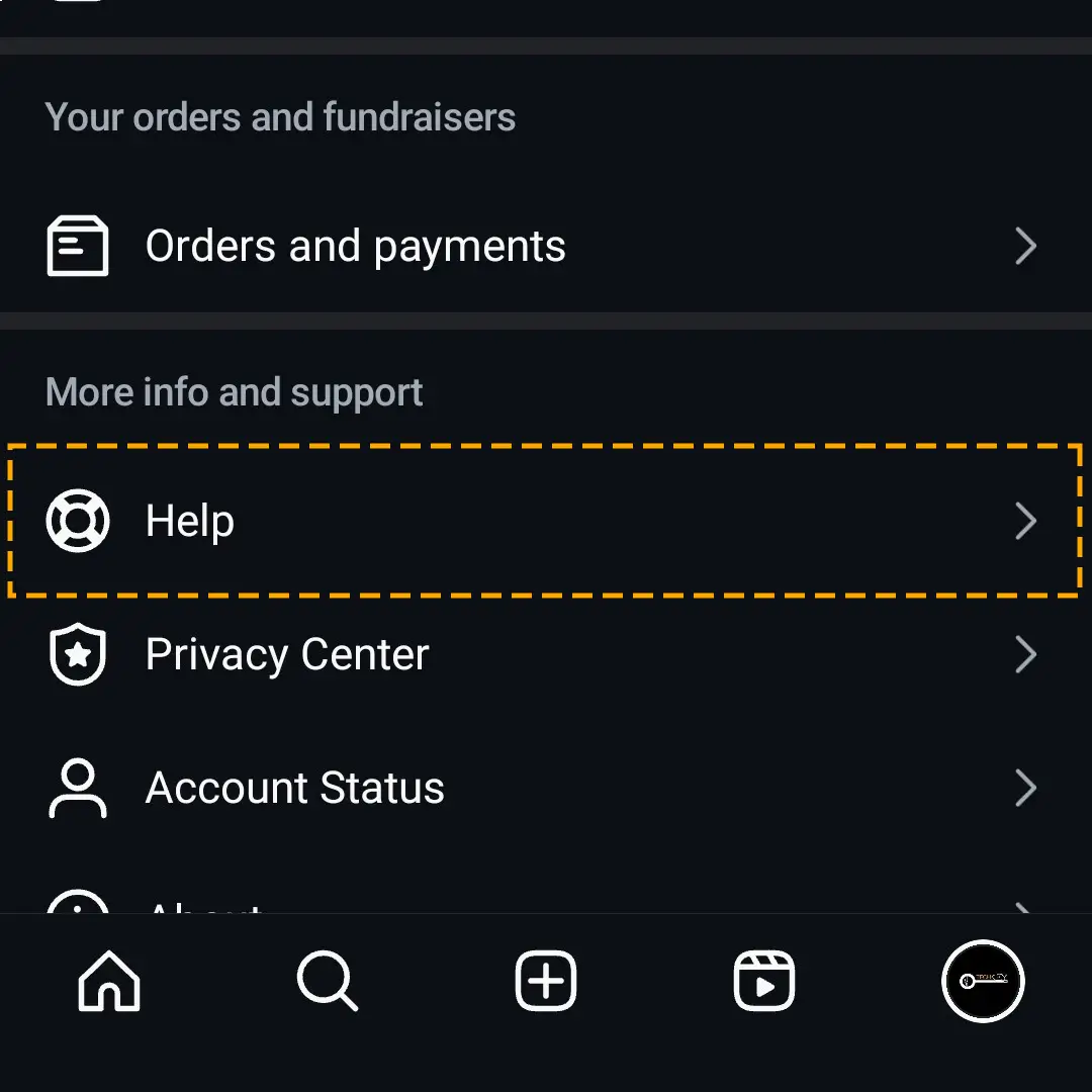 help tab in insta app