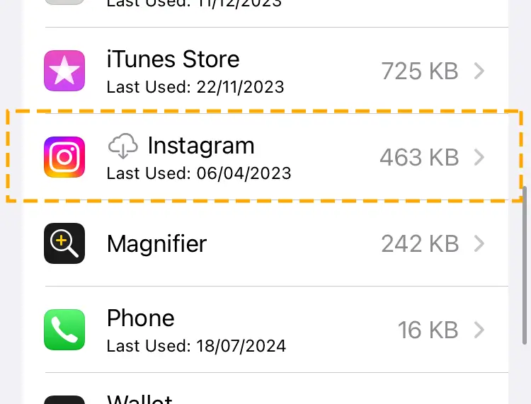 insta app in iphone storage section