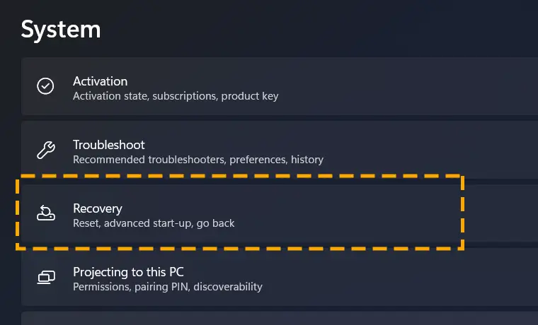 recovery tab in system settings