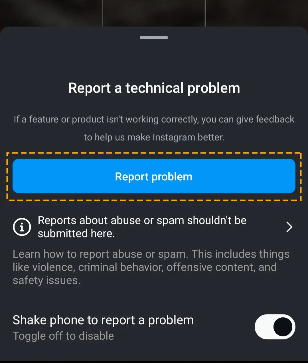 reporting an instagram app issue