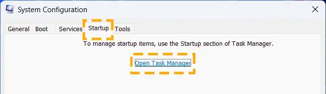 task manager link in startup tab