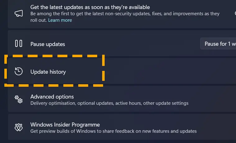 update history tab in windows update