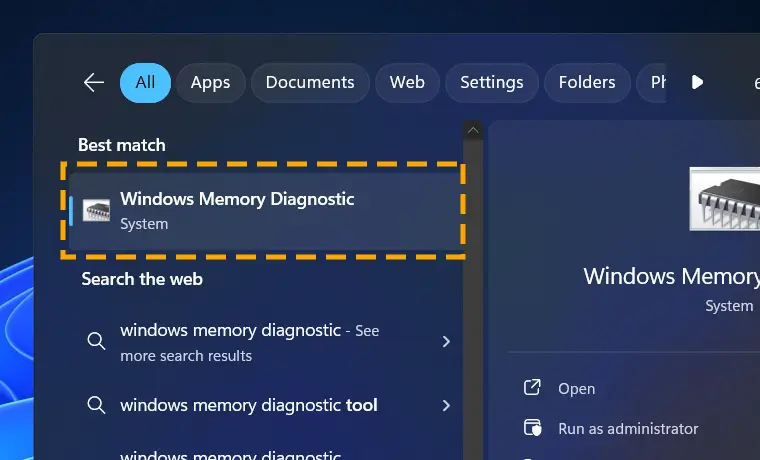 windows memory diagnostic program in start menu