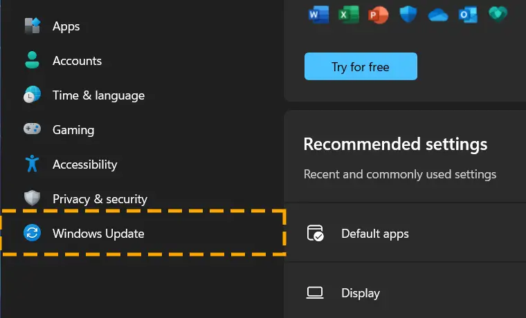 windows update section in system settings