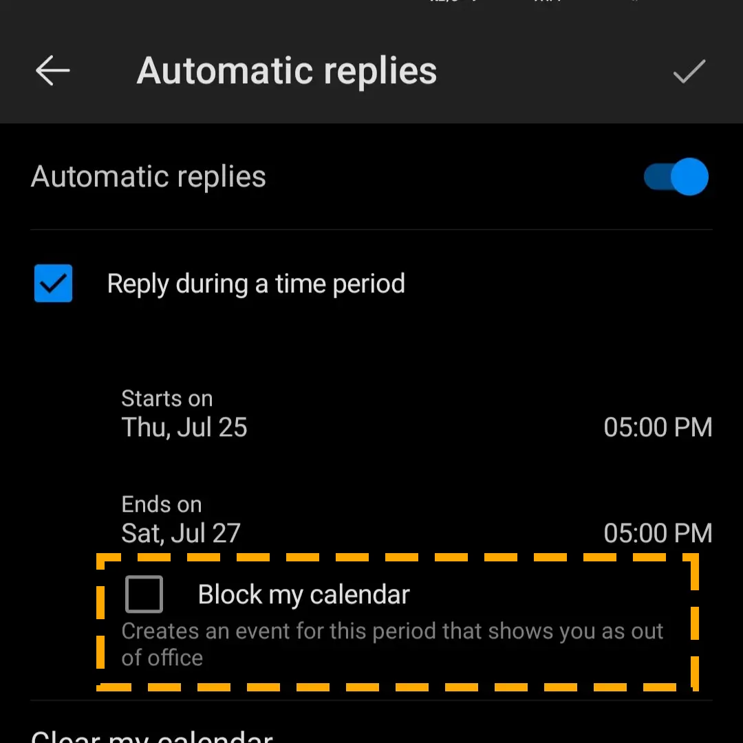 block my calendar automatic replies section of outlook