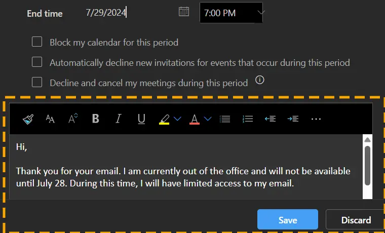 enter out of office message