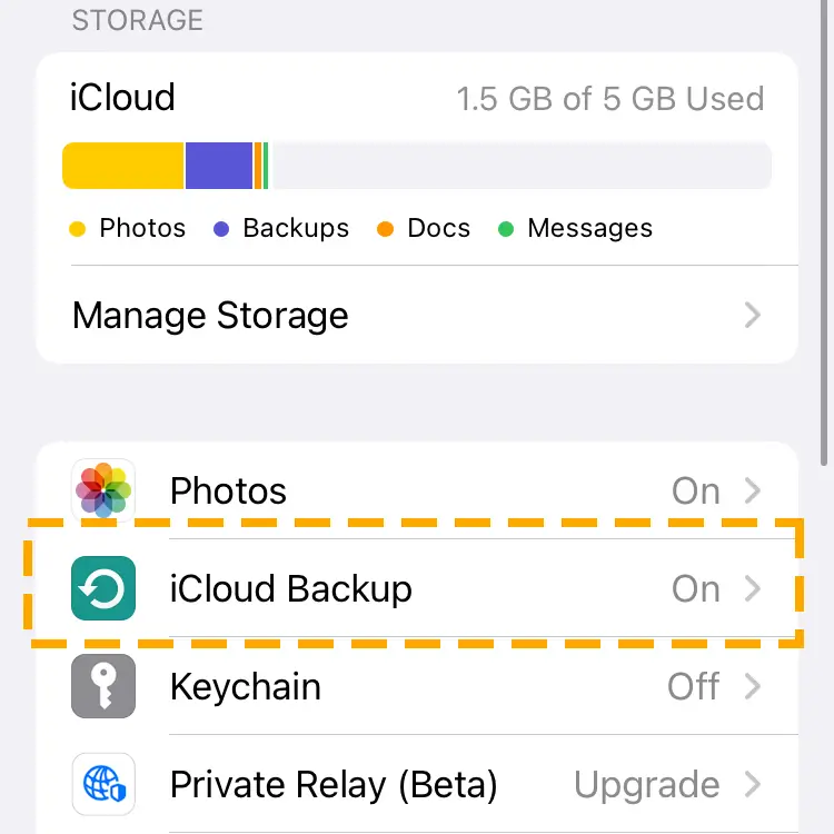 icloud backup option in apple id section