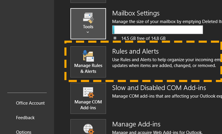 manage rules and alerts section in outlook