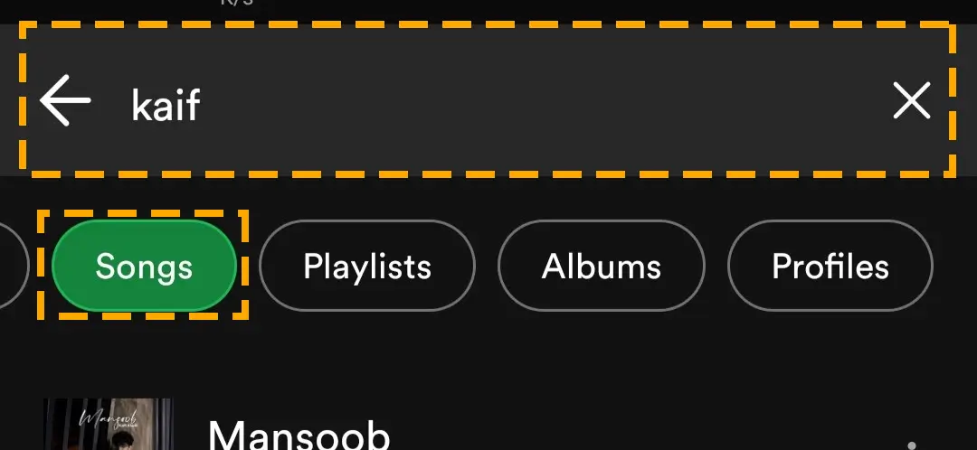 name of the track in the search bar with songs filter