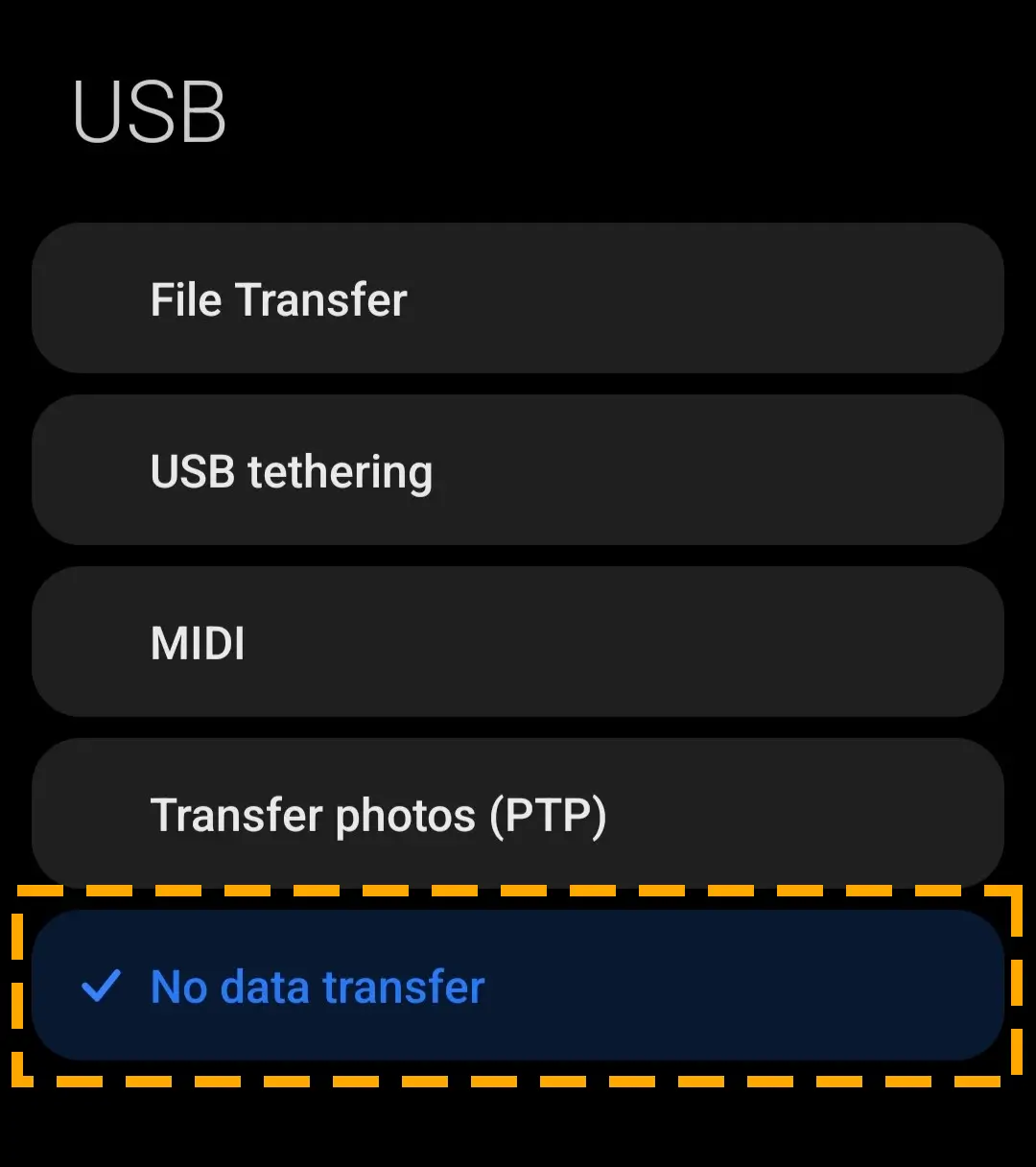 no data transfer setting for usb