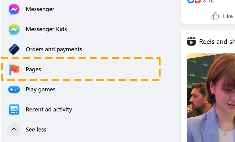 pages options in fb side menu