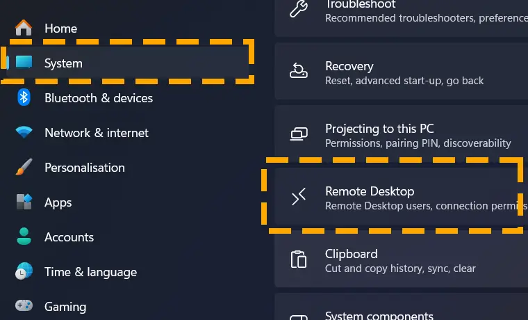 remote desktop section in settings