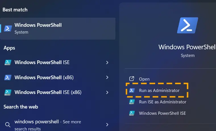 windows powershell in start menu