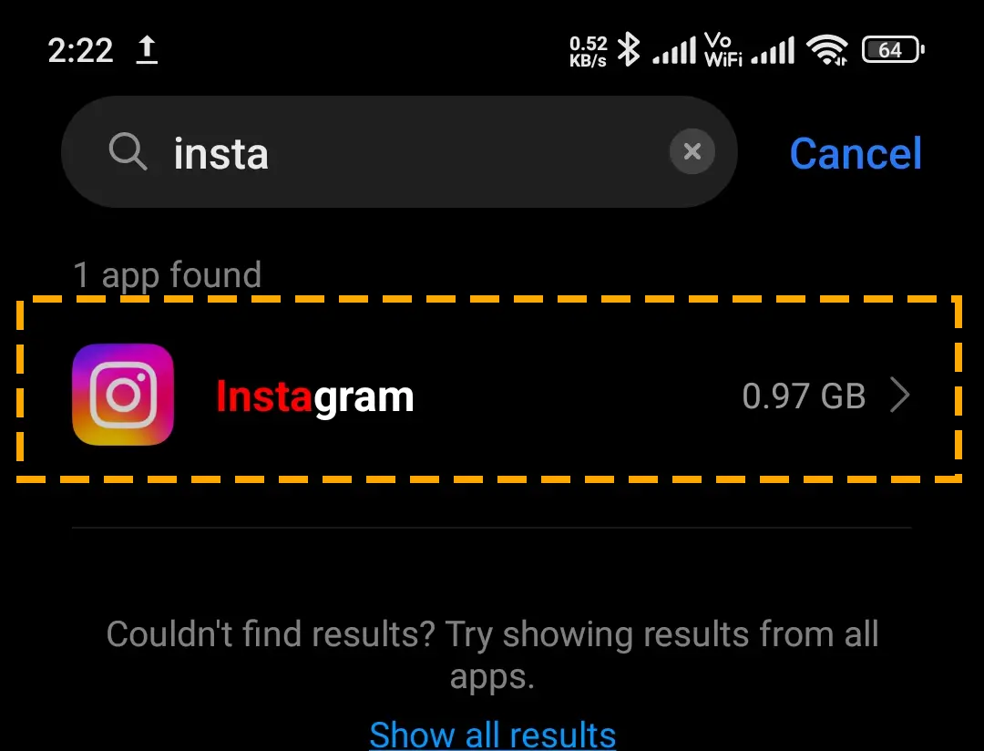 insta app in settings