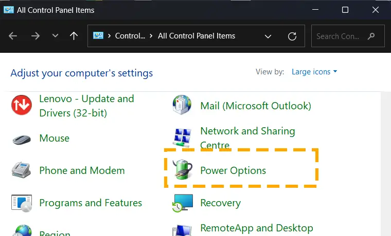 power options in control panel