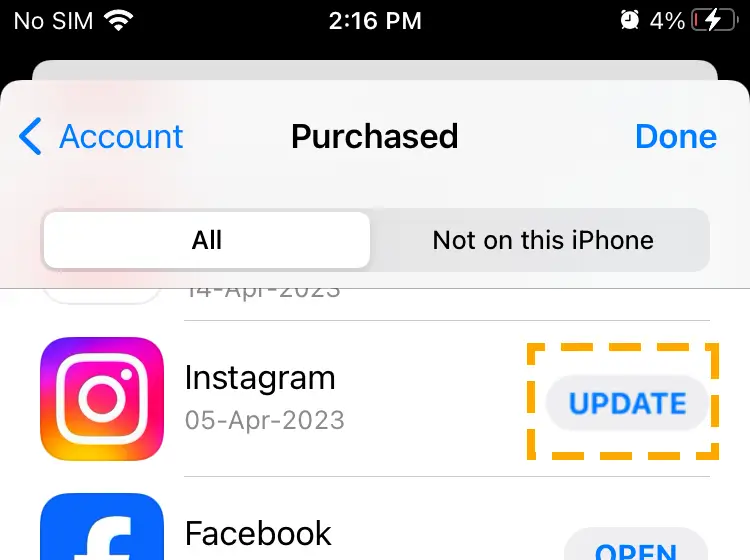 update insta ios app